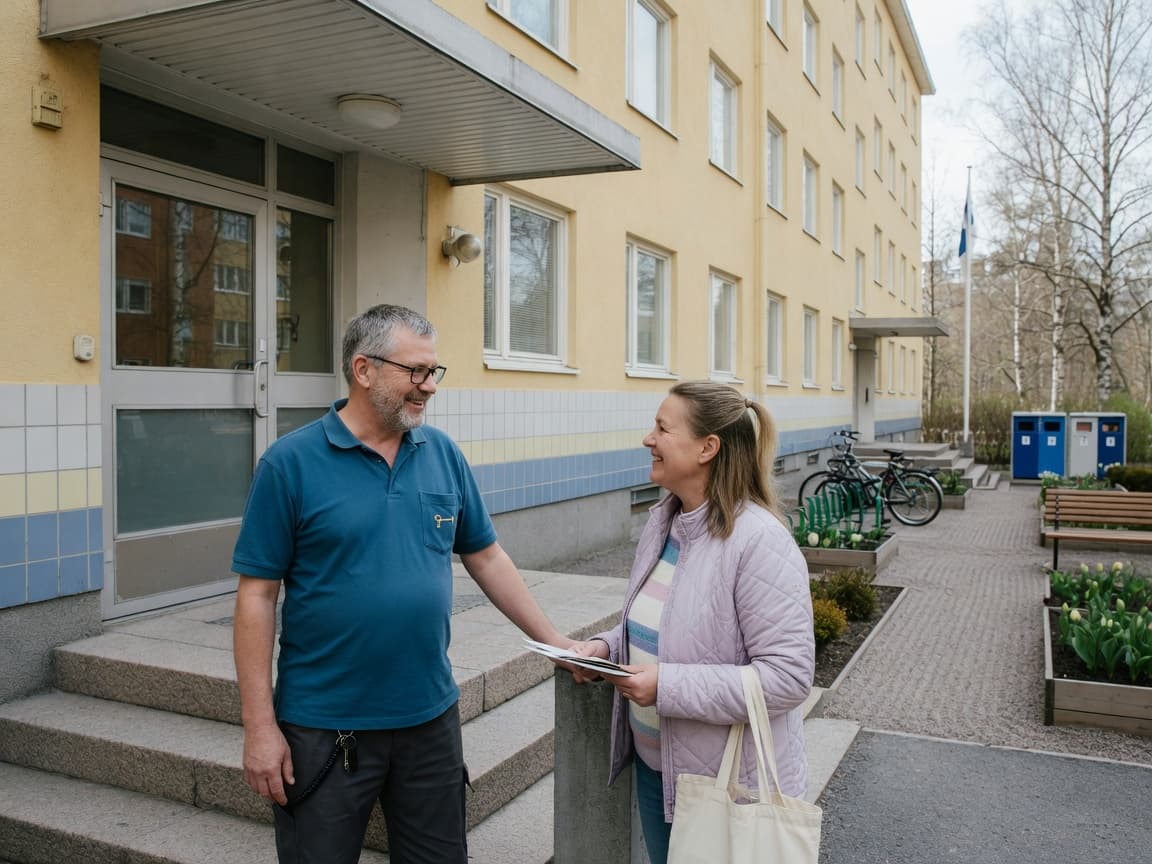 Kiinteistönhoitaja asukkaan kanssa talon ovella