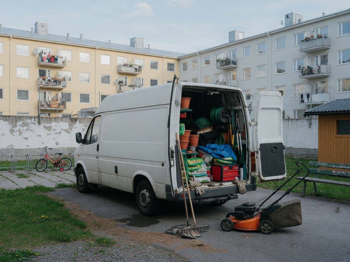Huoltoauto ja työkalut piha-alueella