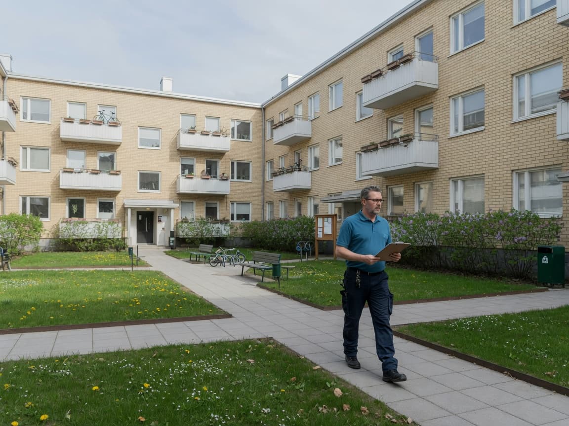Kiinteistönhoitaja tarkastamassa piha-aluetta