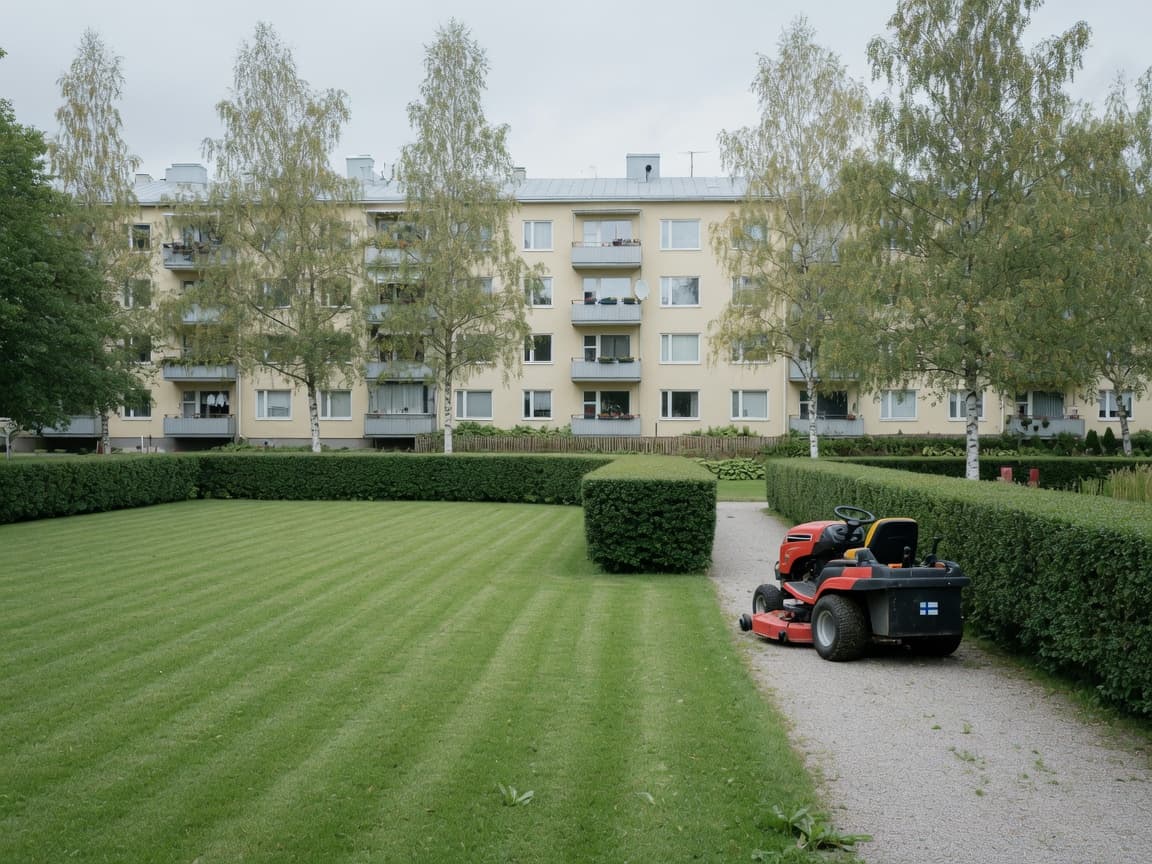 Hoidettu piha-alue ja ruohonleikkuri